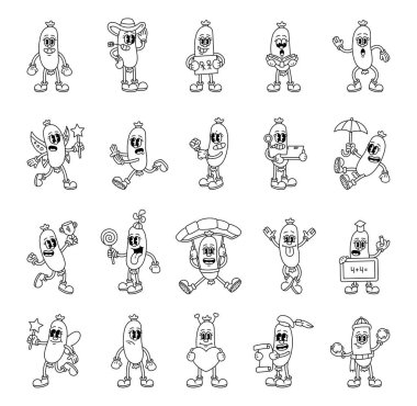 Çizgi film karakterlerinin modası geçmiş komik, dışavurumcu, kostümleri ve duyguları olan sosis karakterleri.