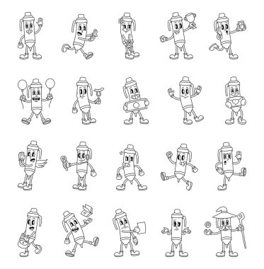 Çizgi film karakterlerinin modası geçmiş modası geçmiş komik ifade tarzında duygusal jestler, kostümler ve günlük aktiviteler.