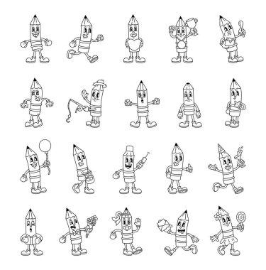 Çizgi filmdeki modası geçmiş, modası geçmiş, modası geçmiş, komik, dışavurumcu karakterler kostümlü, duygusal jestler, etkinlikler ve tatil öğeleri.