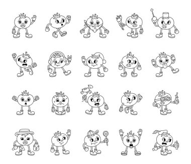 Çizgi filmdeki modaya uygun domates karakterleri, modası geçmiş, komik, dışavurumcu stili, kostümlü, jestler, meslekler ve tatil unsurları.