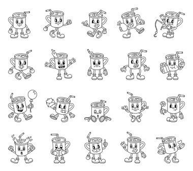 Çizgi filmdeki modaya uygun kahve fincanı karakterleri duygusal jestler, etkinlik nesneleri ve tatil unsurları içeren komik ifade tarzları sergiliyorlar.