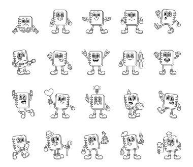 Çizgi film karakterlerinin modası geçmiş, modası geçmiş, komik, dışavurumcu stili, jestler, kostümler, aksesuarlar, meslekler ve yaratıcı unsurlar.