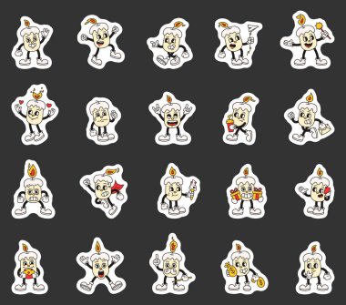 Çizgi filmdeki modaya uygun retro mum karakterler. Klasik komik ifade tarzı. Duygular, jestler ve tatil unsurları.