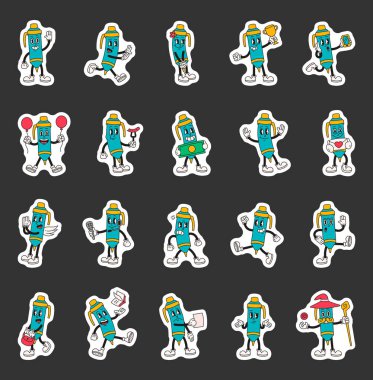 Çizgi film karakterlerinin modası geçmiş modası geçmiş komik ifade tarzında duygusal jestler, kostümler ve günlük aktiviteler.