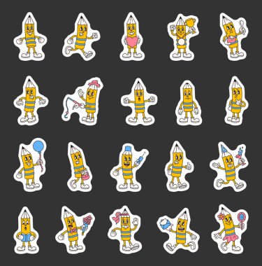 Çizgi filmdeki modası geçmiş, modası geçmiş, modası geçmiş, komik, dışavurumcu karakterler kostümlü, duygusal jestler, etkinlikler ve tatil öğeleri.