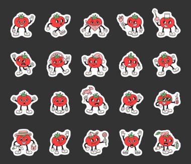 Çizgi filmdeki modaya uygun domates karakterleri, modası geçmiş, komik, dışavurumcu stili, kostümlü, jestler, meslekler ve tatil unsurları.