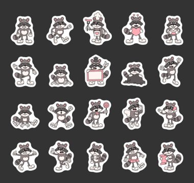 Çizgi filmdeki modaya uygun rakun karakterleri. Klasik, komik, dışavurumcu stili. Duygular, jestler, kostümler ve günlük durumlar.