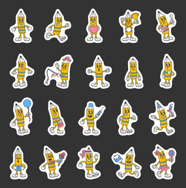 Çizgi filmdeki modası geçmiş, modası geçmiş, modası geçmiş, komik, dışavurumcu karakterler kostümlü, duygusal jestler, etkinlikler ve tatil öğeleri.