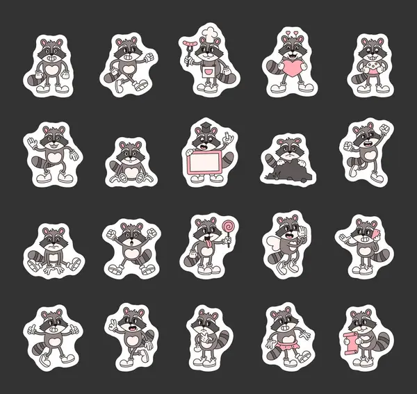 Çizgi filmdeki modaya uygun rakun karakterleri. Klasik, komik, dışavurumcu stili. Duygular, jestler, kostümler ve günlük durumlar.