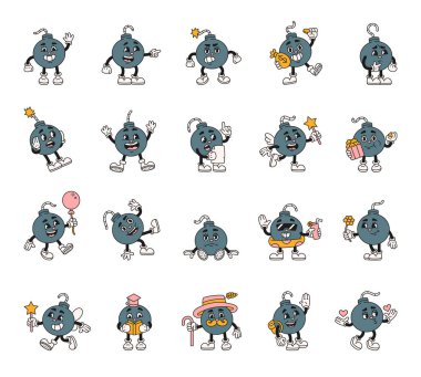 Harika bir çizgi film karakteri gülümsüyor sinirli, korkmuş, düşünceli, düşünceli, uçuyor, dans ediyor, yemek yiyor, öpüşüyor.