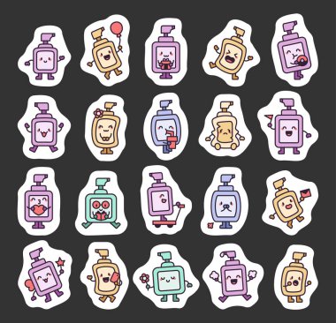 Şirin duyguları olan komik sıvı sabun şişesi karakteri hijyen, kutlama, yemek, içki, okuma ve yaratıcı projeleriniz için günlük aktiviteler için sevimli karikatür pozları.