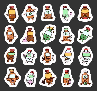 Sevimli şişe karakter seti uyku, sohbet, patlamış mısır yemek, dondurma tutmak, kitap okumak ve sevgililer gününü kutlamak gibi duyguları ve aktiviteleri gösteriyor.