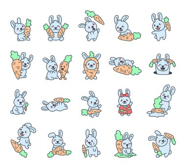 Oturmak, uyumak, sarılmak, yemek yemek, gülümsemek gibi çeşitli duygular ve havuçlarla poz veren sevimli çizgi film karakteri seti senin tasarımların için elbise tasarlıyor.