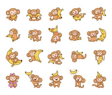 Şirin maymun karakter seti muzları seviyor ve farklı duygular gösteriyor. Otururken, sarılırken, gülümserken, uyurken, yemek yerken ve projeleriniz için sevimli kıyafetler giyerken.