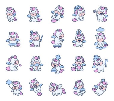 Tatlı çizgi film karakteri seti uçmak, uyumak, dans etmek, kalbini tutmak ve resimlerin için tatlı yemek gibi büyüleyici duygular ve büyülü aktiviteler sergiliyor.