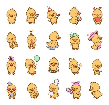 Gülen, yüzen, yemek yiyen, çalışan, kutlayan, okuyan, dinlenen ve daha keyifli anlar gibi etkileyici duyguları olan sevimli çizgi film karakterleri.