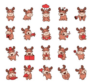 Sevimli boynuzları ve duygusal ifadeleri olan komik geyik seti oturarak, ayakta durarak, eşyaları tutarak, tatilleri kutlayarak ve projeleriniz için sevimli günlük aktiviteler yaparak.