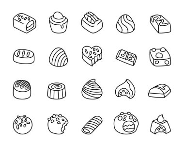 Lezzetli çikolata seti. İçinde el yapımı kremalı şekerlemeler, çıtır çıtır malzemeler, eğlenceli şekiller ve çizgi film tasarımı elementleri var.