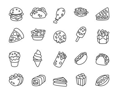 Hamburgerler, takolar, sandviçler, patatesler, pizzalar, tatlılar dahil olmak üzere lezzetli atıştırmalıklarla dolu fast food seti.