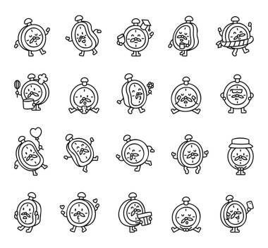 Sevimli karikatür saat seti farklı duyguları, komik pozları, kullanışlı nesneleri, büyüleyici aksesuarları ve illüstrasyon ve yaratıcı tasarım projeleri için eğlenceli temaları içeren çoklu bir çizgi film karakteri setini içerir.