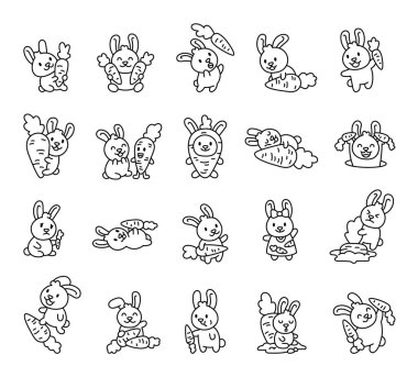 Oturmak, uyumak, sarılmak, yemek yemek, gülümsemek gibi çeşitli duygular ve havuçlarla poz veren sevimli çizgi film karakteri seti senin tasarımların için elbise tasarlıyor.