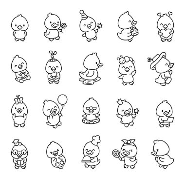 Gülen, yüzen, yemek yiyen, çalışan, kutlayan, okuyan, dinlenen ve daha keyifli anlar gibi etkileyici duyguları olan sevimli çizgi film karakterleri.