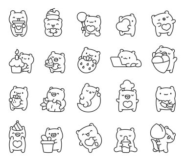 Sevimli pembe ayı karakteri seti sevgi dolu duygular gösterirken kalp tutuyor, şeker yiyor, doğum günlerini kutluyor, çalışıyor, yemek pişiriyor ve projeleriniz için evde dinleniyor.