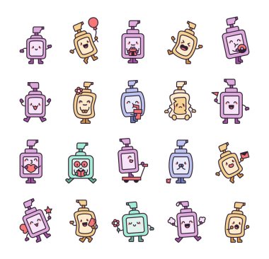 Şirin duyguları olan komik sıvı sabun şişesi karakteri hijyen, kutlama, yemek, içki, okuma ve yaratıcı projeleriniz için günlük aktiviteler için sevimli karikatür pozları.