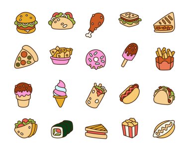Hamburgerler, takolar, sandviçler, patatesler, pizzalar, tatlılar dahil olmak üzere lezzetli atıştırmalıklarla dolu fast food seti.