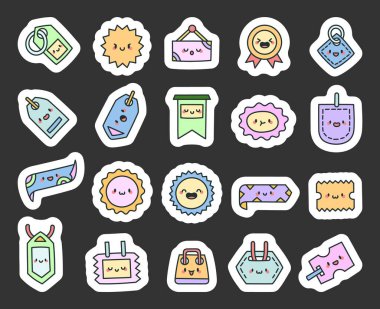 Çekici indirimli etiket etiketi ve rozet karakter seti gülümseme, uyku, kahkaha ve dizayn için sevimli kawaii çizgi film stilinde dinlenme gibi çeşitli sevimli duyguları olan.