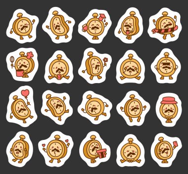 Sevimli karikatür saat seti farklı duyguları, komik pozları, kullanışlı nesneleri, büyüleyici aksesuarları ve illüstrasyon ve yaratıcı tasarım projeleri için eğlenceli temaları içeren çoklu bir çizgi film karakteri setini içerir.