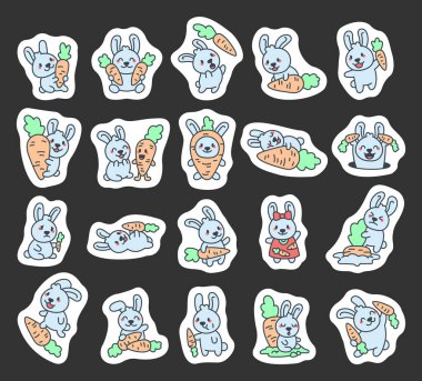 Oturmak, uyumak, sarılmak, yemek yemek, gülümsemek gibi çeşitli duygular ve havuçlarla poz veren sevimli çizgi film karakteri seti senin tasarımların için elbise tasarlıyor.