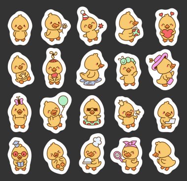 Gülen, yüzen, yemek yiyen, çalışan, kutlayan, okuyan, dinlenen ve daha keyifli anlar gibi etkileyici duyguları olan sevimli çizgi film karakterleri.