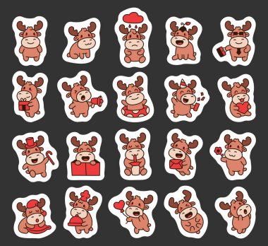 Sevimli boynuzları ve duygusal ifadeleri olan komik geyik seti oturarak, ayakta durarak, eşyaları tutarak, tatilleri kutlayarak ve projeleriniz için sevimli günlük aktiviteler yaparak.