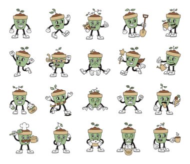 Duyguları olan ot çizgi film karakterleri kostüm araçlar yiyecek ve büyülü fantezi unsurları ana hatları tarzında