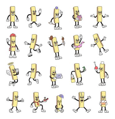 Cetvel çizgi film karakterleri duygusal hareketler, meslekler nesneler ve modaya uygun modaya uygun modaya uygun modaya uygun modaya uygun modaya uygun kostümler.