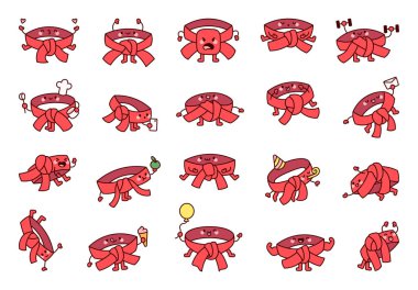 Sevimli kawaii çizgi film karate kemeri karakterleri duygu ifadeleri hareketler jestler ve komik maskot ana hatları minimal tarz tasarımı