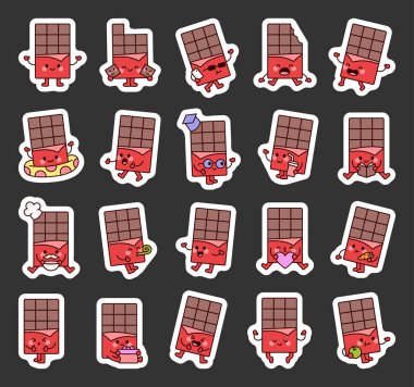 Tatlı eğitici komik atıştırmalıklar için hareketleri ve duyguları olan çikolata çizgi film karakterleri Kawaii çizim tarzı çizimler