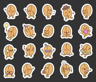 Sevimli eğitimsel, sağlıklı yaşam tarzı atıştırmalık temalı Kawaii tasarımı için duyguları ve eylemleri olan yulaf çizgi film karakterleri.