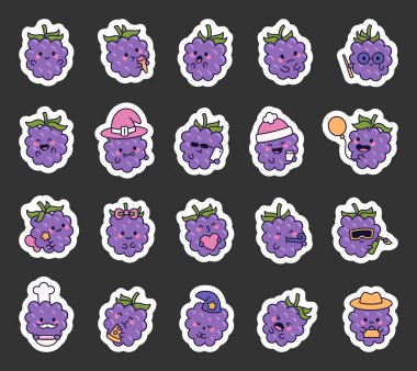 Böğürtlen çizgi film karakterleri, tatlı yemek temalı, eğlenceli, Kawaii tarzında sezonluk yaşam tarzı çizimleri için duygu ve eylemlere sahiptirler.