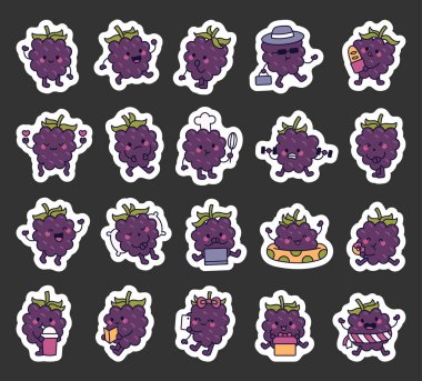 Sevimli yemek temalı yaşam tarzı için duyguları ve eylemleri olan Blackberry çizgi film karakterleri Kawaii ana hatlarıyla sezonluk eğitimsel çizimler