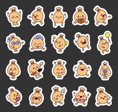 Sevimli eğitim tarzı için duyguları ve aktiviteleri olan keseli çizgi film karakterleri Kawaii tarzında resimli neşeli büyülü yemekler.