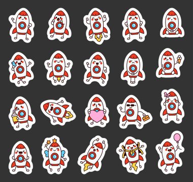 Sevimli uzay temalı ve eylemleri olan roket çizgi film karakterleri Kawaii ana hatlarıyla eğitici büyülü yaşam tarzı şenlik çizimleri