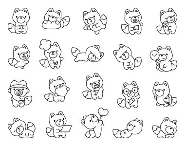 Şirin yaşam tarzı ve hareketleri olan Fox çizgi film karakterleri Kawaii ana hatları vektör tarzında mevsimsel yemek tatili çizimleri