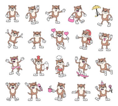 Geçmişe dönük yaşam tarzı ve hareketleri olan su samuru çizgi film karakterleri mevsimsel festivalsel romantik neşeli çizimler klasik taslak tarzında.