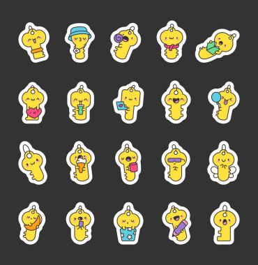 Küçük anahtar karakter seti çeşitli sevimli anları gösteriyor. Elinde eşyalar, gülümseyen yüzler, büyüleyici pozlar ve yaratıcı projelerin için sevimli aksesuarlar.