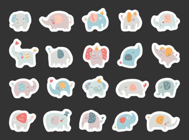 Bohem ve İskandinav tarzında şirin bebek filler. Çocuk odası tasarımı ve oyuncu çizimler için çizgi film karakterleri.