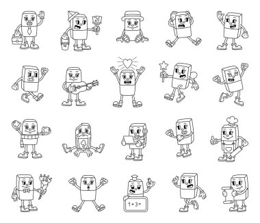 Geçmişe dönük eğitim bürosu müzikali için duyguları ve eylemleri olan silgi çizgi film karakterleri modaya uygun tasvir tarzında büyülü yaşam tarzı çizimleri
