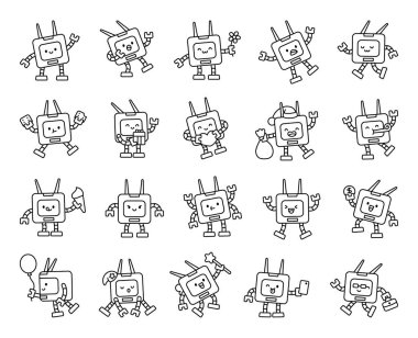 Duyguları olan robot çizgi film karakterleri hareketleri olan hareketler sevimli kawaii tarzında sevgi ve şaşkınlık sunar.