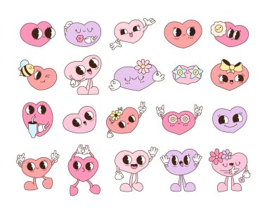 Sevgililer günü kartları, çiçekler, bardaklar, yaylar, duygular, gülümsemeler, kahve, dans, jestler ve aşk içeren eski moda karikatür karakterleri.